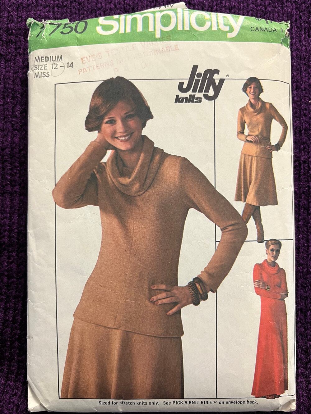 simplicity 7750 Sewing pattern pullover dress midi cowl neck size 12